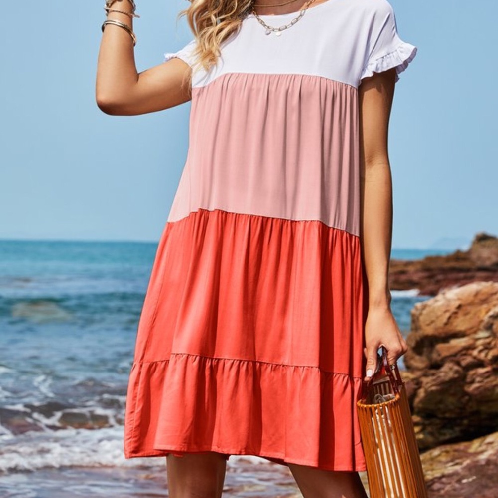 LaMode Orange and Pink Color Block Tiered Shift Dress - Size L